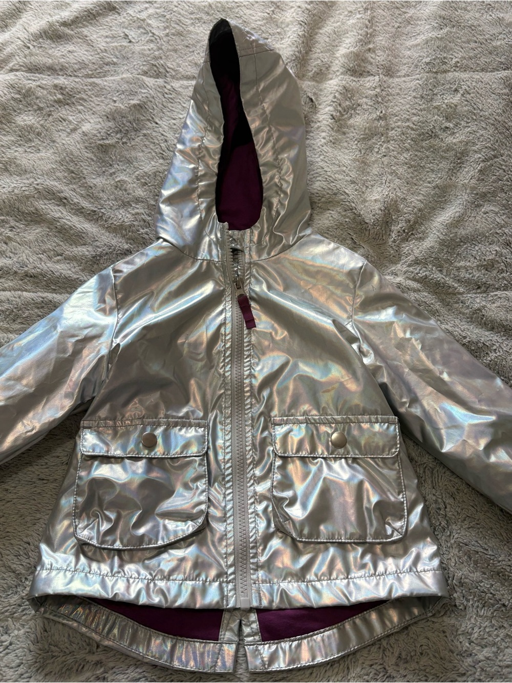 Kids Silver Metallic Hooded Jacket with Purple Lining 3T
